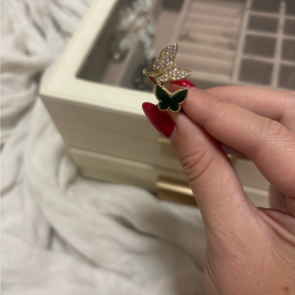 Elegant Butterfly Ring with Green and Gold Accents